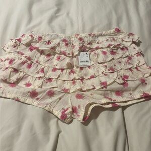 Free People Cream and Pink High Waist Ruffle Shorts